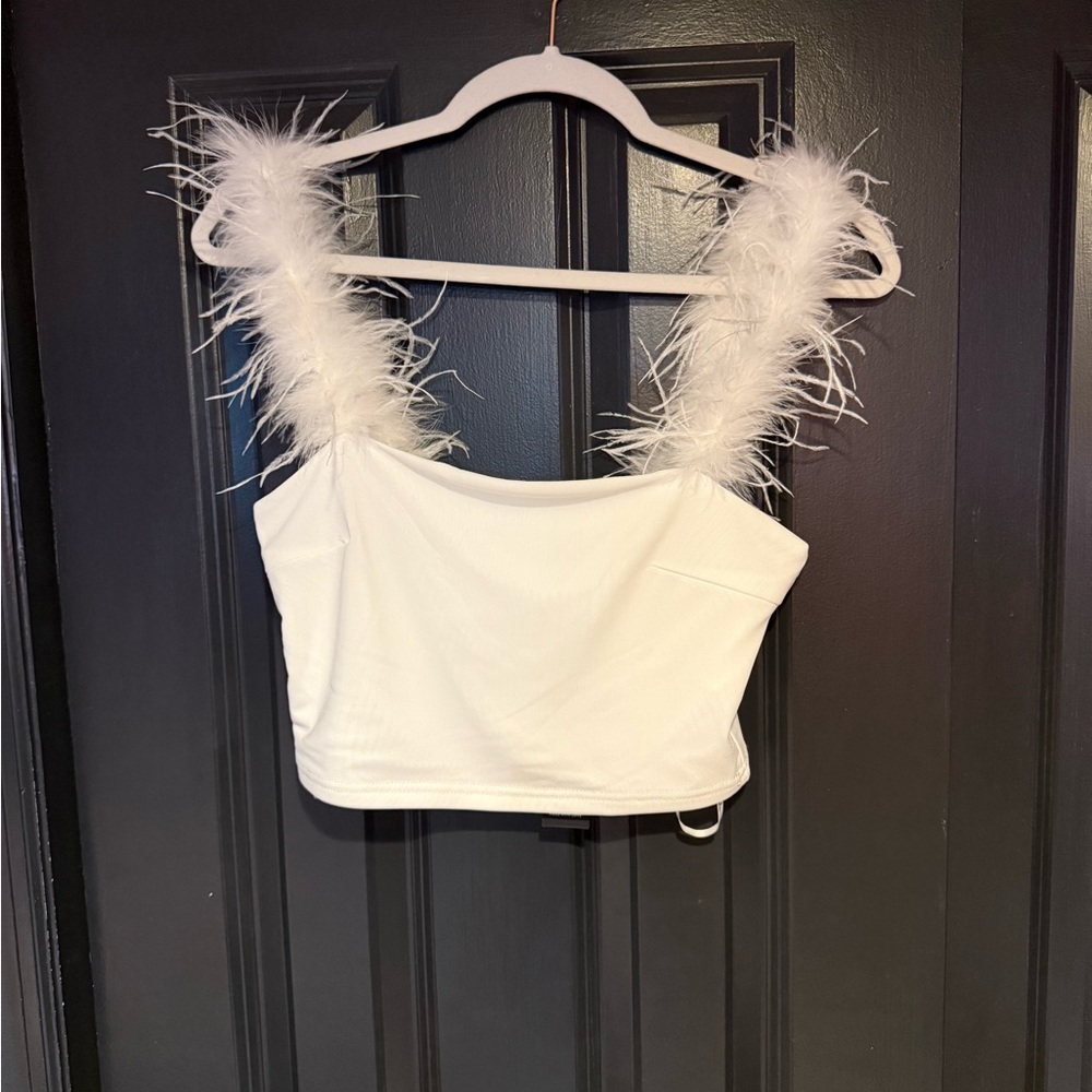White Feather Strap Crop Top